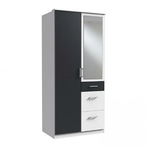 Inside 75 Armoire LAVAL décor blanc et graphite 1 porte miroir 1 porte 3 tiroirs