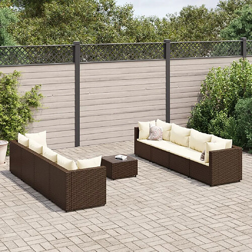 vidaXL Salon de jardin avec coussins 9 pcs marron résine tressée