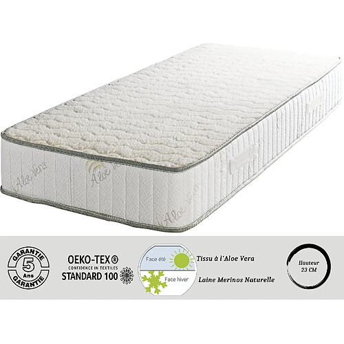 Literie Julien Matelas Super 90x200 x 23 cm - Très Ferme - Face Hiver Pure Laine Merinos - Noyau Poli Lattex HR Dernière Génération - Très Respirant