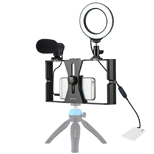 Wewoo Cage de stabilisation 3 in 1 Vlogging Diffusion en direct Smartphone Rig vidéo + Microphone + Kits de lumière Selfie de 4,7 pouces à anneau de 12 cm avec trépied de sabot froid pour iPhoneGalaxyHuaweiXiaomiHTCLGGoogle et autres téléphones intelligents ble