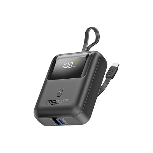 Promate Powerpod-10 Power Bank avec câble USB-C intégré, 10000 mAh, 30W, 1x USB-C, 1x USB-A, câble USB-C, noir