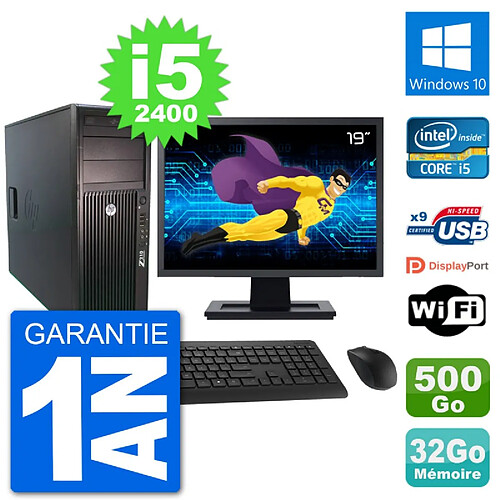 PC Tour HP Z210 Ecran 19" Intel i5-2400 RAM 32Go Disque Dur 500Go Windows 10 Wifi · Occasion