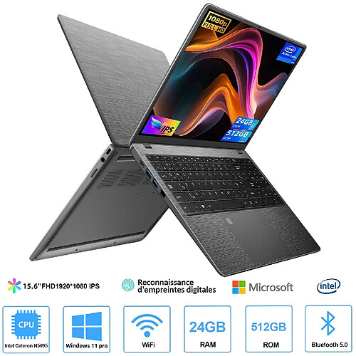 VANWIN PC Portable 15,6FHD+ Windows 11pro 24Go RAM 512Go SSD Intel Celeron N5095(jusqu'à 2,9 GHz) Ordinateur Portable 170° Convertible Type-C 5000mAh Battrerie-AZERTY