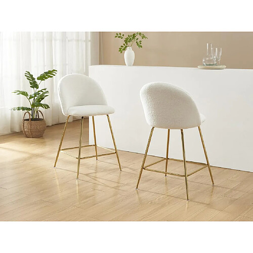 Vente-Unique Lot de 2 tabourets de bar en tissu bouclette et métal doré - Blanc - MELBOURNE