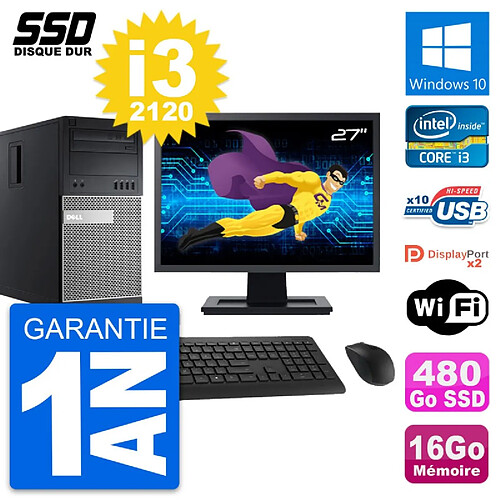 PC Tour Dell 9010 Ecran 27" Intel i3-2120 RAM 16Go SSD 480Go Windows 10 Wifi · Occasion