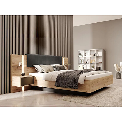 Vente-Unique Lit avec chevets 160 x 200 cm - Avec LEDs - Coloris : Naturel et anthracite + Sommier + Matelas - ELYNIA