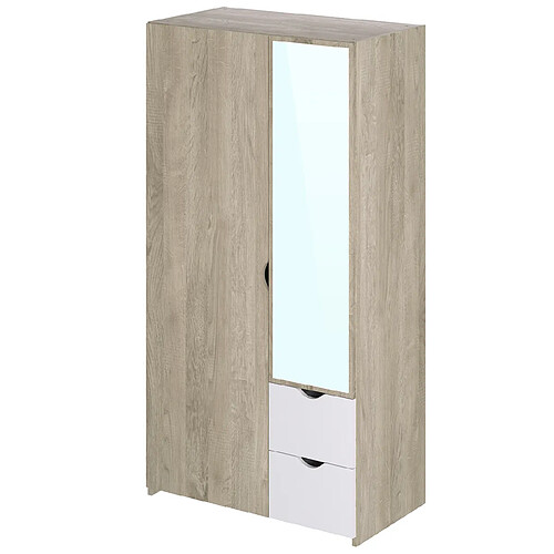 Pegane Armoire Meuble de rangement de 2 portes et 2 tiroirs en melaminé blanc/chêne - Longueur 100.6 x Profondeur 54 x Hauteur 195,1 cm