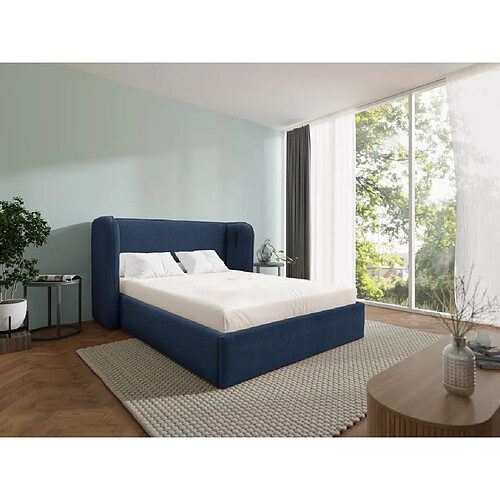 Vente-Unique Lit coffre 180 x 200 cm avec tête de lit incurvée - Avec LEDs - Tissu - Bleu + Matelas - STOKALI