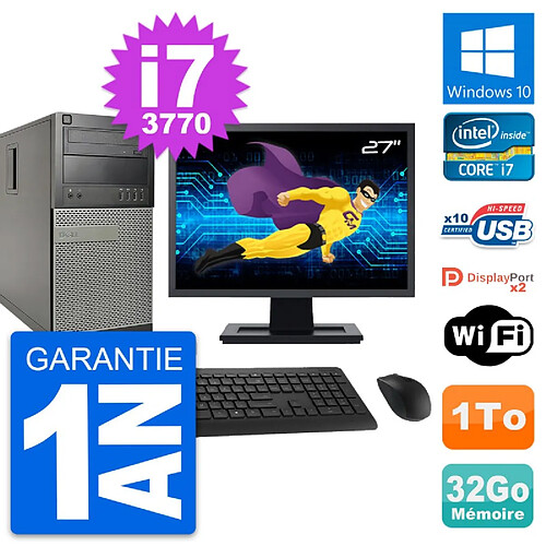 PC Tour Dell 9010 Ecran 27" Intel i7-3770 RAM 32Go Disque 1To Windows 10 Wifi · Occasion