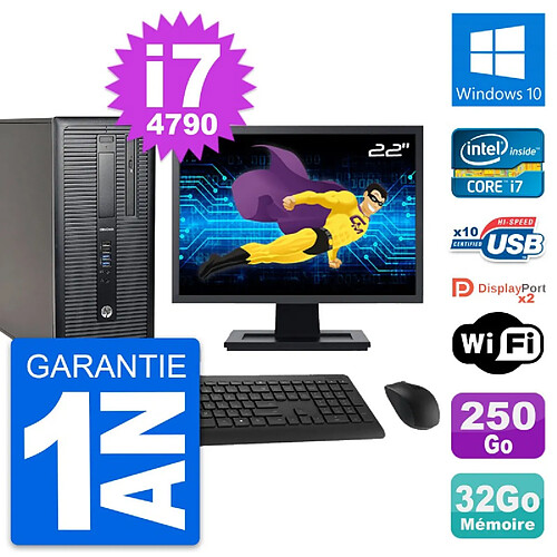 PC Tour HP 800 G1 Ecran 22" Intel i7-4790 RAM 32Go Disque 250Go Windows 10 Wifi · Occasion