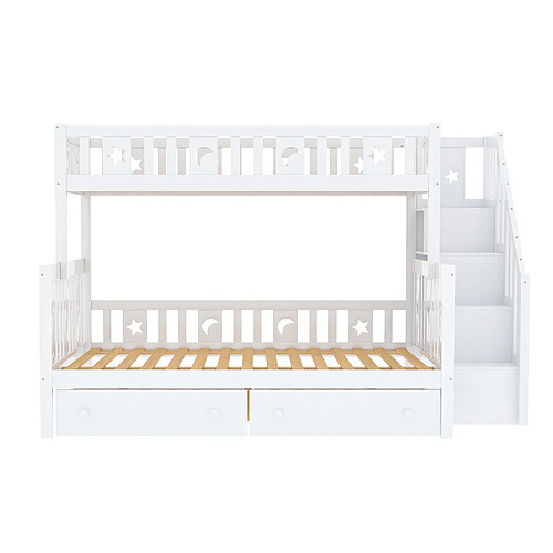 KOMHTOM Lit superposé en bois massif blanc pour enfants 90 * 200 / 140 * 200cm avec escalier de sécurité, deux grands tiroirs et cadre à Lattes