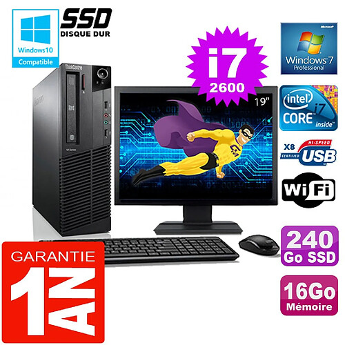 PC Lenovo M92p SFF Core I7-2600 Ram 16Go Disque 240 Go SSD Wifi W7 Ecran 19" · Occasion