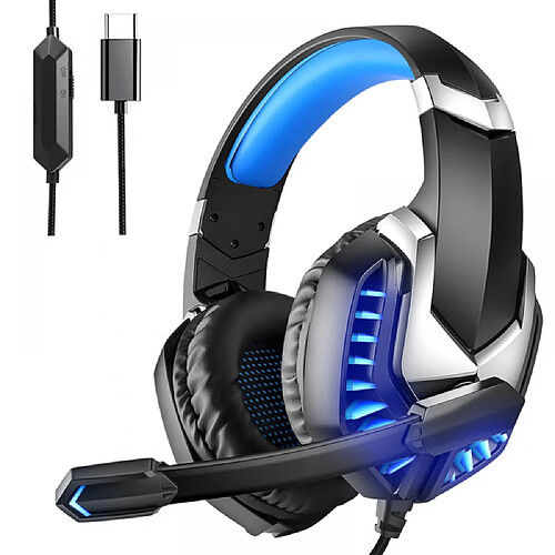 General Casque de jeu filaire , Coussin en mousse à mémoire de forme léger et ultra doux , Surround tridimensionnel intelligent , Casque gamer filaire avec son surround avec suppression du bruit(Bleu TYPE-C)