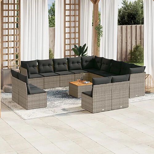 vidaXL Salon de jardin avec coussins 14 pcs gris résine tressée