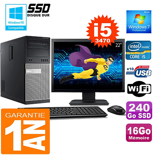 PC Tour DELL 7010 Core I5-3470 Ram 16Go Disque 240 Go SSD Wifi W7 Ecran 22" · Occasion