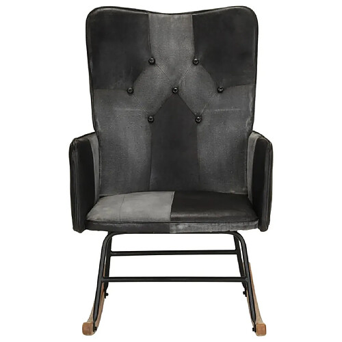 Maison Chic Chaise à bascule | Fauteuil Relax, design moderne Noir Cuir véritable et toile -GKD36081