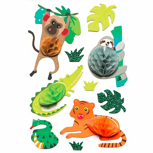 Graines Creatives 10 stickers 3D animaux de la jungle 6 cm