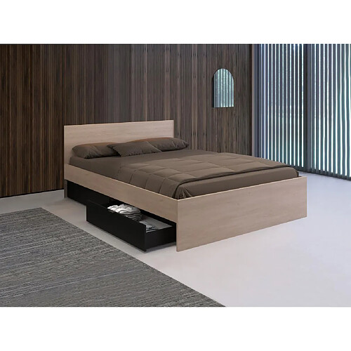 Vente-Unique Lit avec 2 tiroirs 160 x 200 cm - Coloris : Naturel et noir + Sommier + Matelas - VELONA