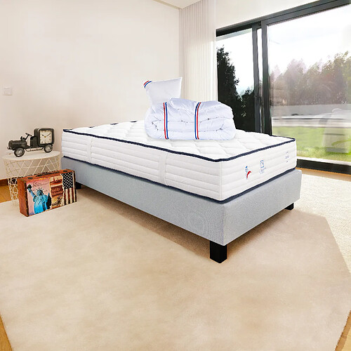 LUXURY LITERIE Ensemble matelas Patriote 90x190 cm + sommier gris ep20cm + oreiller + couette