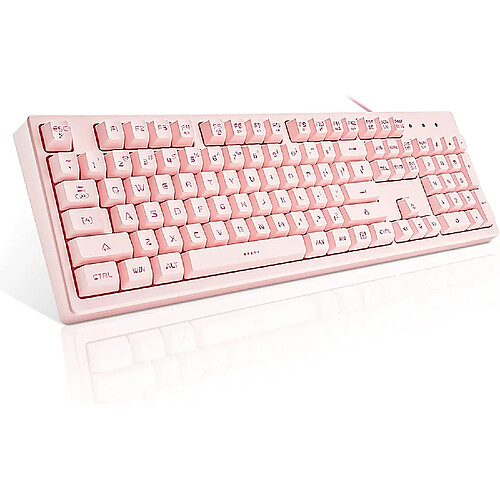 Clavier rose avec rétroéclairage LED 7 couleurs, 104 touches silencieuses et silencieuses, 19 touches anti-fantômes clavier de jeu bon marché sensation mécanique étanche filaire USB pour ordinateur, Mac, ordinateur portable