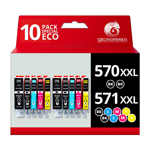 123CONSOMMABLES - 570 571XL - Pack 10 Cartouche d'encre Compatibles avec Canon 570 571 pour Canon PIXMA TS5055 TS5050 MG5750 TS5053 MG6852 MG6850 MG5700 MG5752 MG5753 (4 Noir / 2 Cyan / 2 Magenta / 2 Jaune)