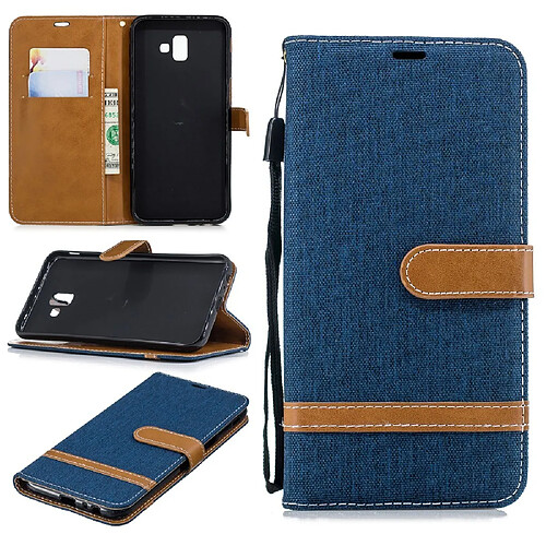 Etui en PU tissu jean bicolore bleu foncé pour votre Samsung Galaxy J6 Plus/J6 Prime