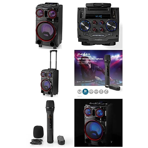 NEDIS SONO PORTABLE 200W SUR BATTERIE /SD/USB/BT/MP3 LEDS RGB + fonction REC + MICRO SANS FIL la fête en KARAOKE séminaires