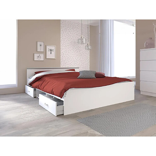 Vente-Unique Lit avec rangements 140 x 190 cm - 2 tiroirs et 1 niche - Coloris : Blanc + Sommier + Matelas - PABLO