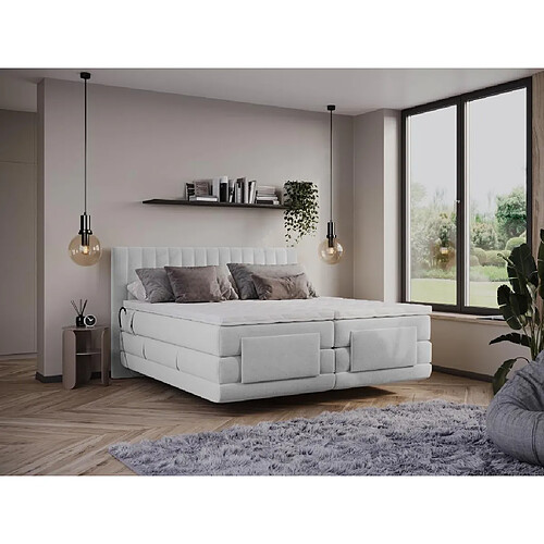 Vente-Unique Ensemble complet boxspring tête de lit coutures verticales + sommiers relaxation électrique + matelas + surmatelas - 2 x 80 x 200 cm - Velours - Gris clair - DONISI de PALACIO