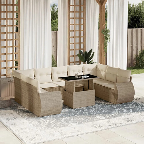 vidaXL Salon de jardin avec coussins 10 pcs beige résine tressée