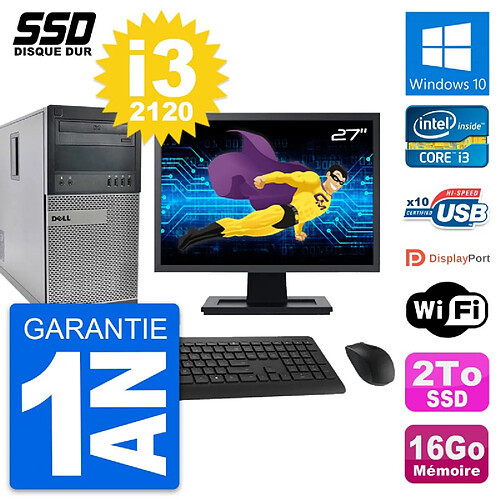 PC Tour Dell 990 Ecran 27" Intel Core i3-2120 RAM 16Go SSD 2To Windows 10 Wifi · Occasion