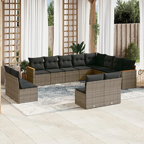 vidaXL Salon de jardin avec coussins 12 pcs gris résine tressée