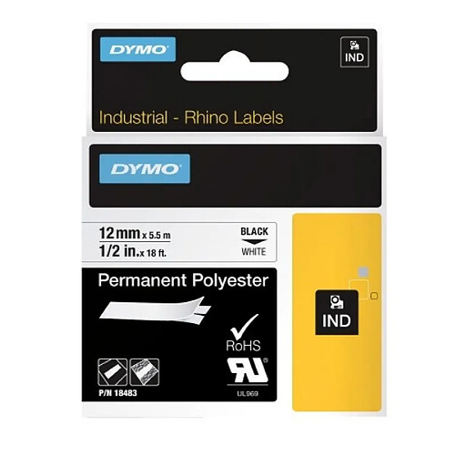 DYMO Ruban polyester continu pour étiqueteuse Rhino 4200, largeur 12 mm, longueur 5,5 m, noir sur blanc