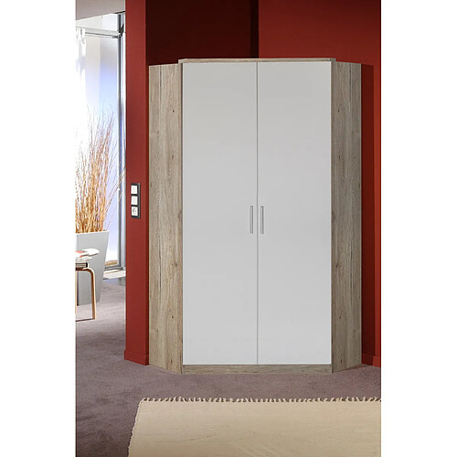 Pegane Armoire d‘angle, meuble de rangement Imitation chêne San Remo, rechampis blanc - Longueur 95 x Hauteur 199 x Profondeur 95 cm