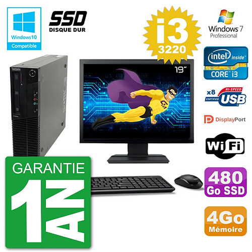 PC Lenovo M82 SFF Ecran 19" i3-3220 RAM 4Go SSD 480Go Graveur DVD Wifi W7 · Occasion