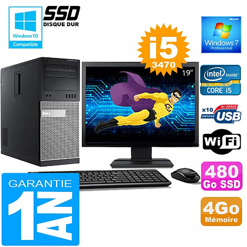 PC Tour DELL 7010 Core I5-3470 Ram 4Go Disque 480 Go SSD Wifi W7 Ecran 19" · Occasion