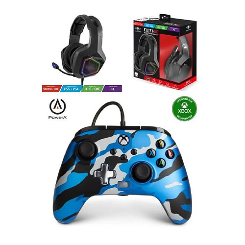 Power A Casque Gaming Pro Gamer EH50BK LEDs RGB PC Switch PS5 PS4 Xbox Series X/S + Manette Xbox One-S-X-PC Camouflage Bleu Métal Officielle