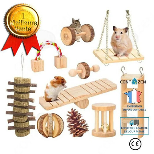 CONFO 10 PièCes Ensemble Hamster Chew Jouets Naturel en Bois Gerbilles Rats Chinchillas Jouets Accessoires HaltèRes Exercice Bell Ro