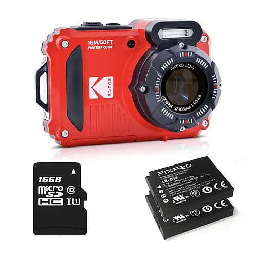 KODAK Pixpro Pack WPZ2 + 2 Batteries + 1 carte SD - Compact 16M Pixels, étanche à 15m, Anti-Choc, Video 720p, Ecran LCD 2,7 - Batterie Li-ion - Rouge - Rouge