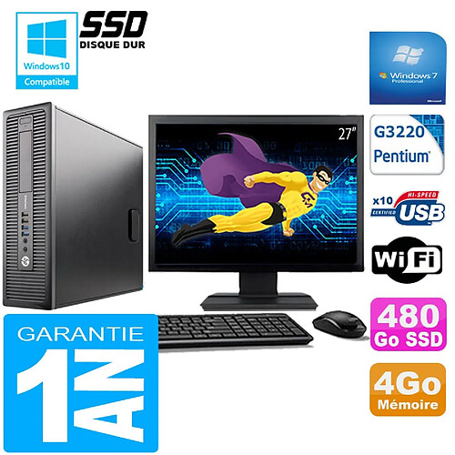 PC HP EliteDesk 800 G1 SFF Intel G3220 4 Go Disque 480 Go SSD Wifi W7 Ecran 27" · Occasion