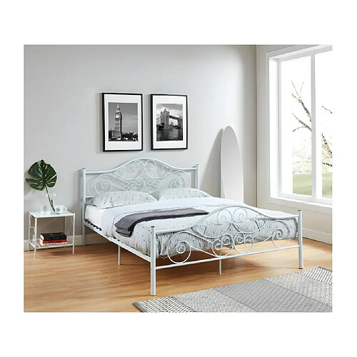 Vente-Unique Lit 160 x 200 cm - Métal - Blanc + Matelas - LEYNA