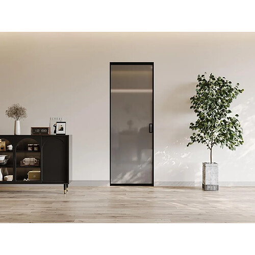 Vente-Unique Porte coulissante avec système à galandage - aluminium et verre trempé fumé dépoli - H205 x L83 cm - LINCI II