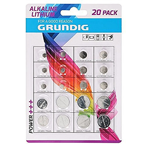 Grundig alkaline/lithium Piles Bouton (lot De 20) Blanc/bleu