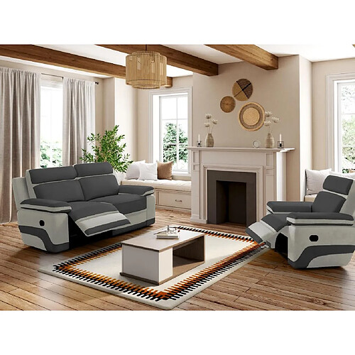 Vente-Unique Canapé 3 places relax en microfibre anthracite et bandes gris clair TALCA