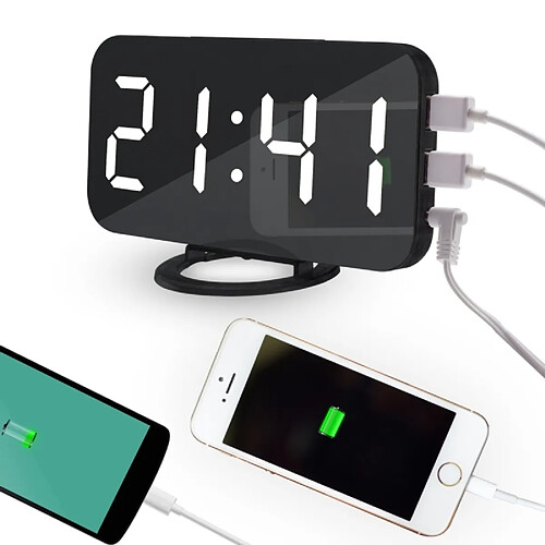 Wewoo Réveil multifonctionnel réfléchissant d'affichage à blanc LED de miroir créatif avec la fonction de Snooze et 2 port de charge d'USB