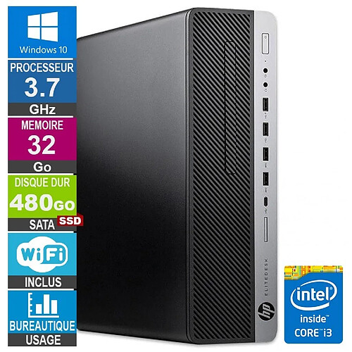 HP 800 G3 SFF i3-6100 3.70GHz 32Go/480Go SSD Wifi W10 · Reconditionné