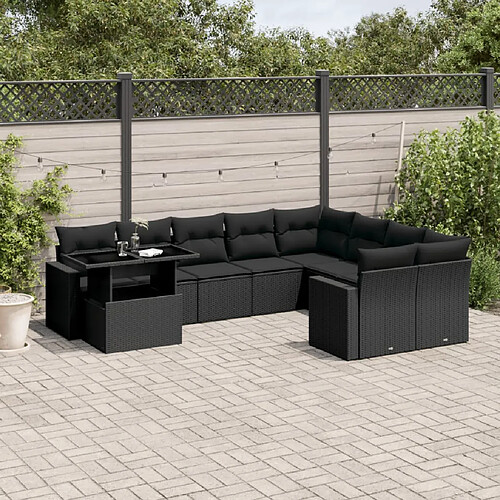 vidaXL Salon de jardin 10 pcs avec coussins noir résine tressée