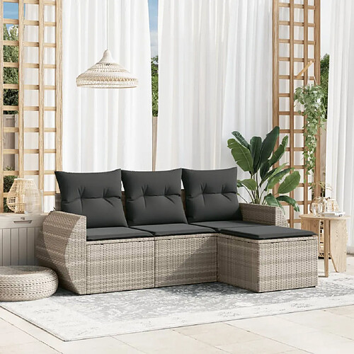 vidaXL Salon de jardin 4 pcs avec coussins gris clair résine tressée