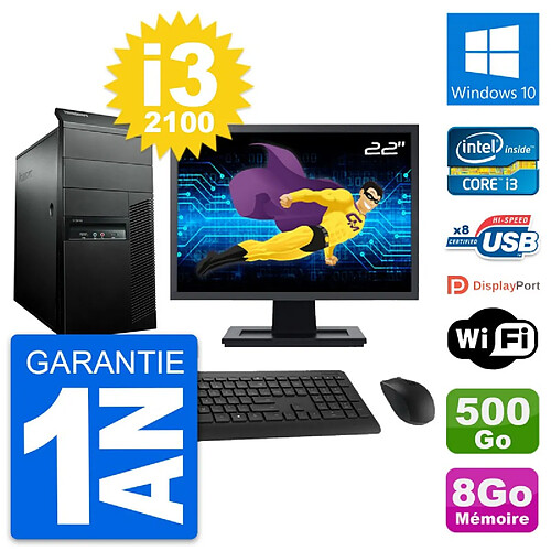 PC Tour Lenovo M91p Ecran 22" Core i3-2100 RAM 8Go Disque 500Go Windows 10 Wifi · Occasion