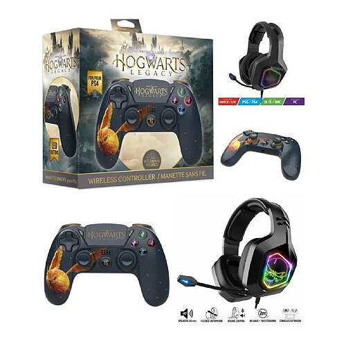 Freaks And Geeks Manette PS4 Bluetooth Harry Potter Hogwarts Legacy Vivet Doré Lumineuse 3.5 JACK + Casque Gamer PRO-EH50 Multiplateforme